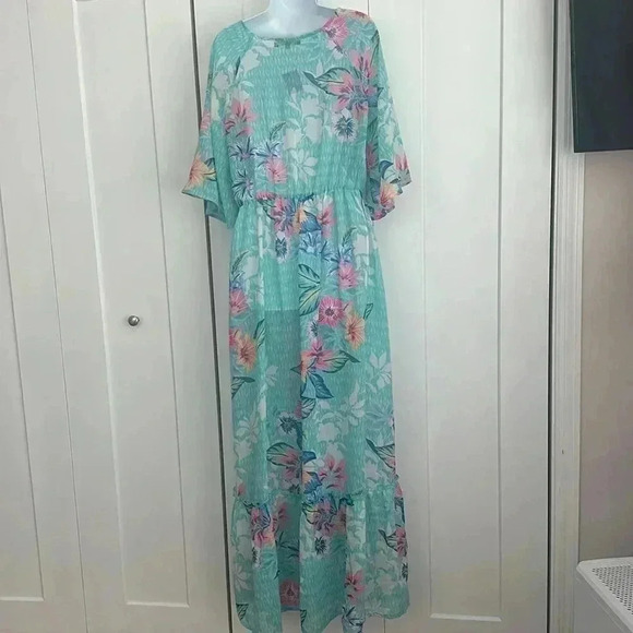 AMERICA & BEYOND Tropical Sheer Cover Up Maxi Dress Kaftan - Picture 3 of 8